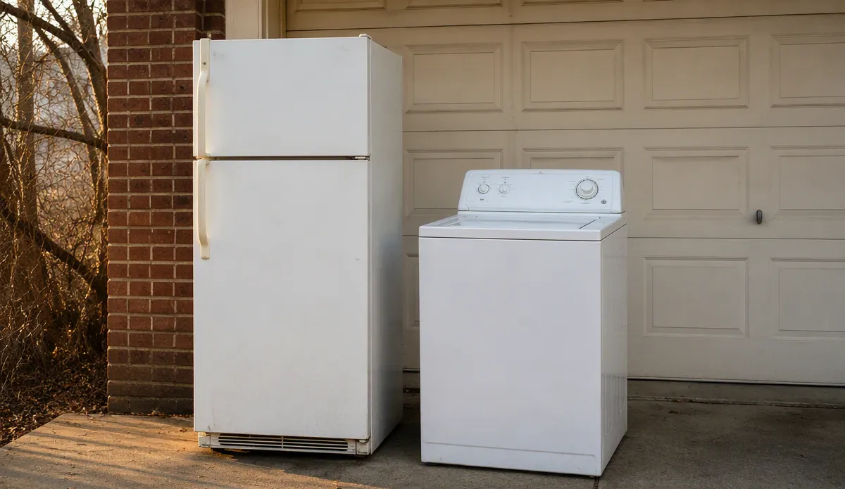 Old refrigerator and washer ready for haul-away outside a Grand Forks garage