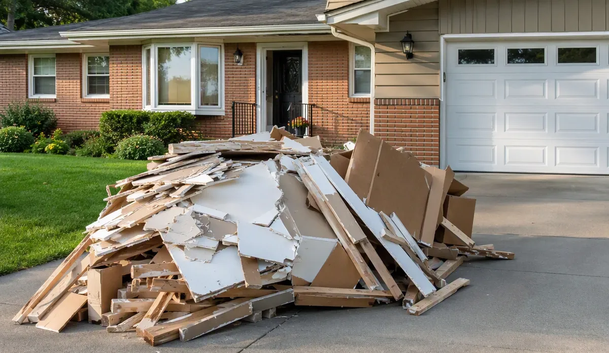 Remodel debris piled on a Grand Forks driveway ready for hauling
