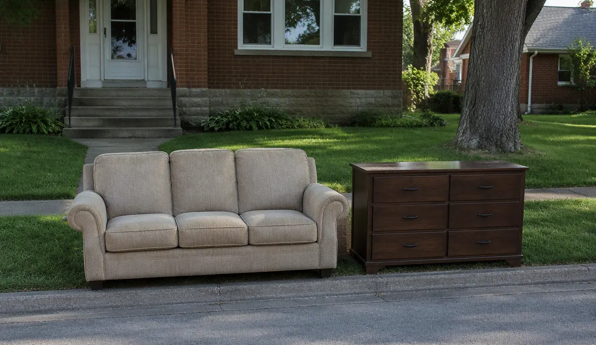 Sofa and dresser set out at the curb of a Grand Forks home