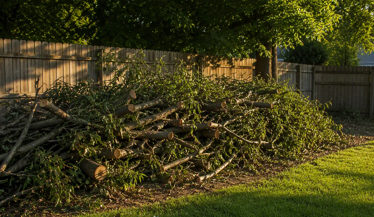 Storm limbs and brush piled for removal in a Grand Forks backyard
